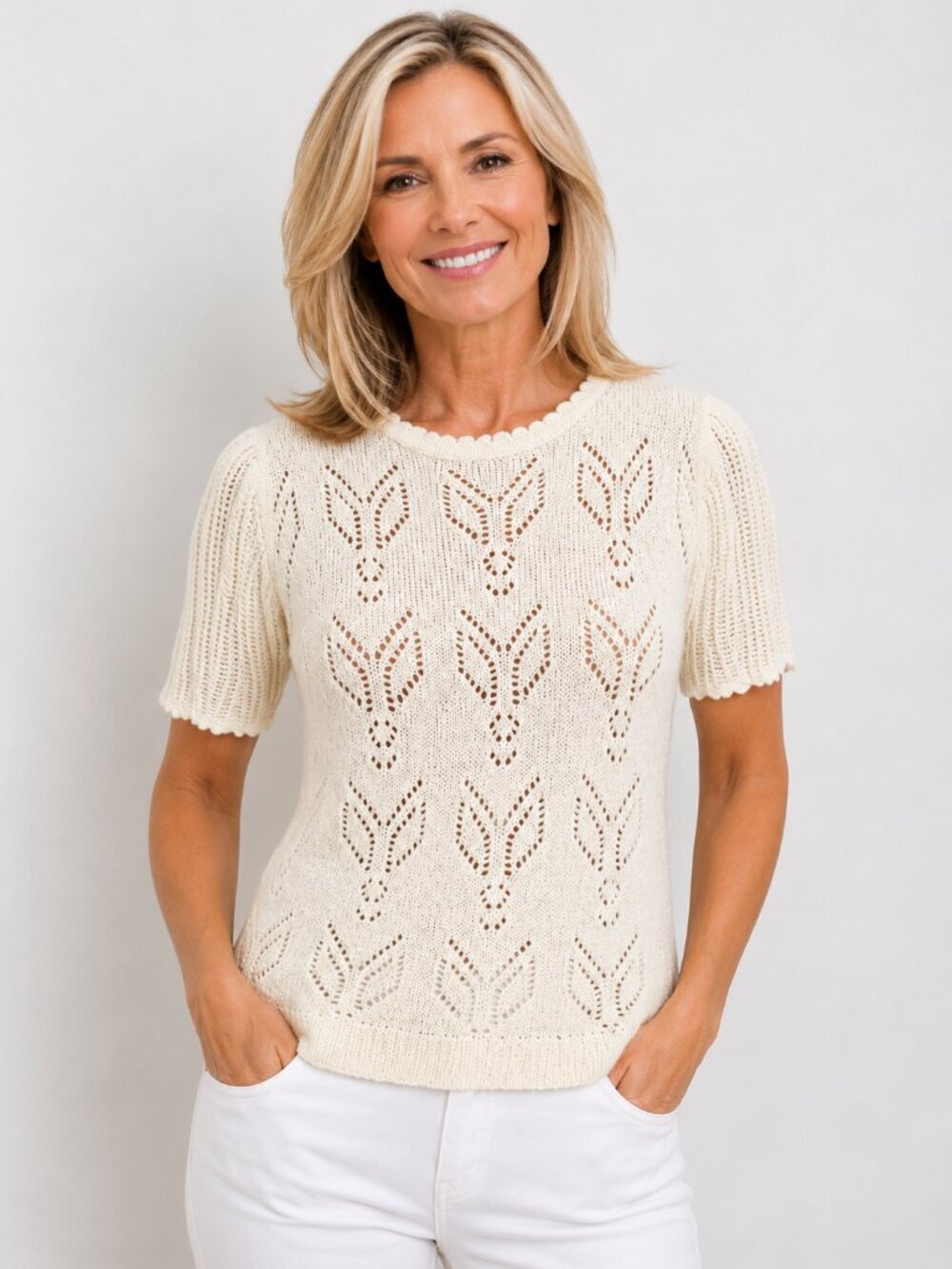 Tan Jay Delicate Open Knit Short Sleeve Sweater | Cream Acrylic Nylon - S